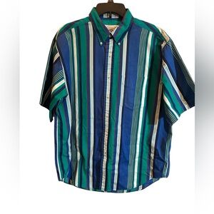 Vtg John Ashford Sport Shirt Men's Lg Multicolor Blue/Green Striped Button Down